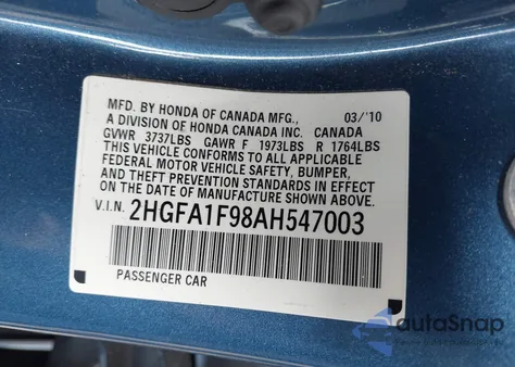 2010 Honda Civic Ex-L из США, поврежденный, VIN 2HGFA1F98AH547003